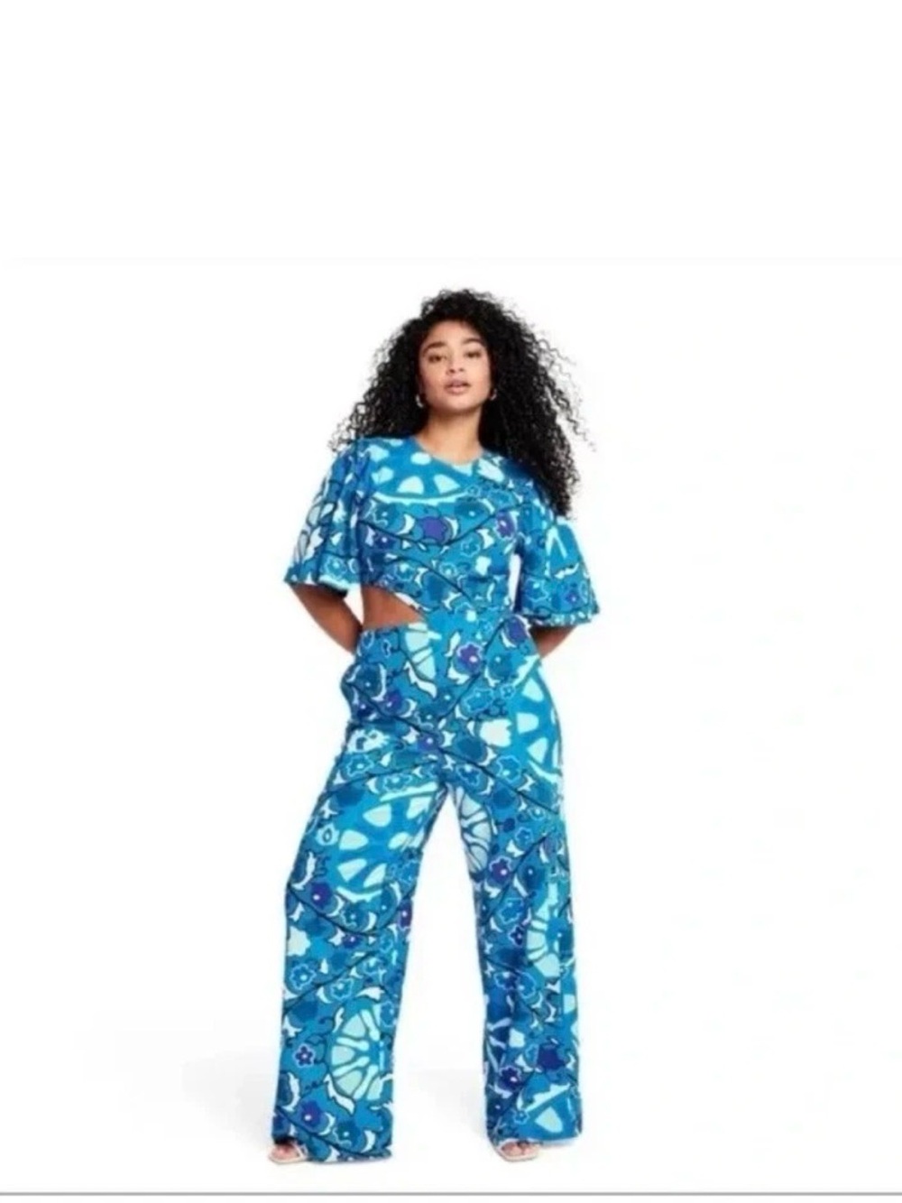 RHODE Women's Floral  Cut Out Jumpsuit Blue Floral Size Small Linen Rayon Summer